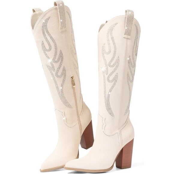 Women Suede Beige Rhinestones Embroidered Side Zip  Pointed Toe Knee High Boots - Picture 1 of 6